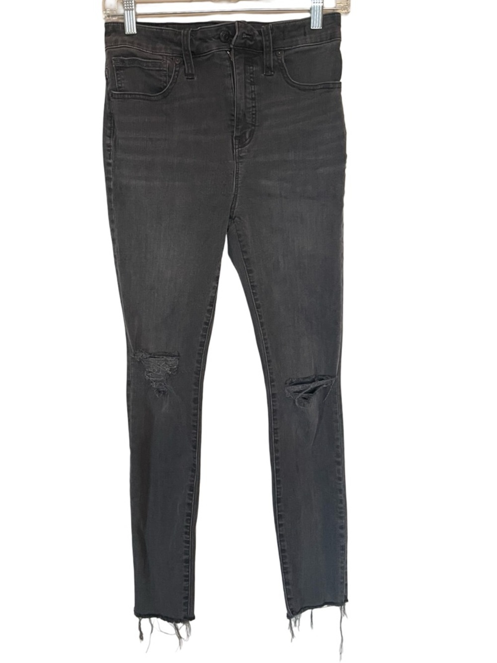 Madewell Curvy High Rise Black Distressed Skinny Jeans Raw Hem 28